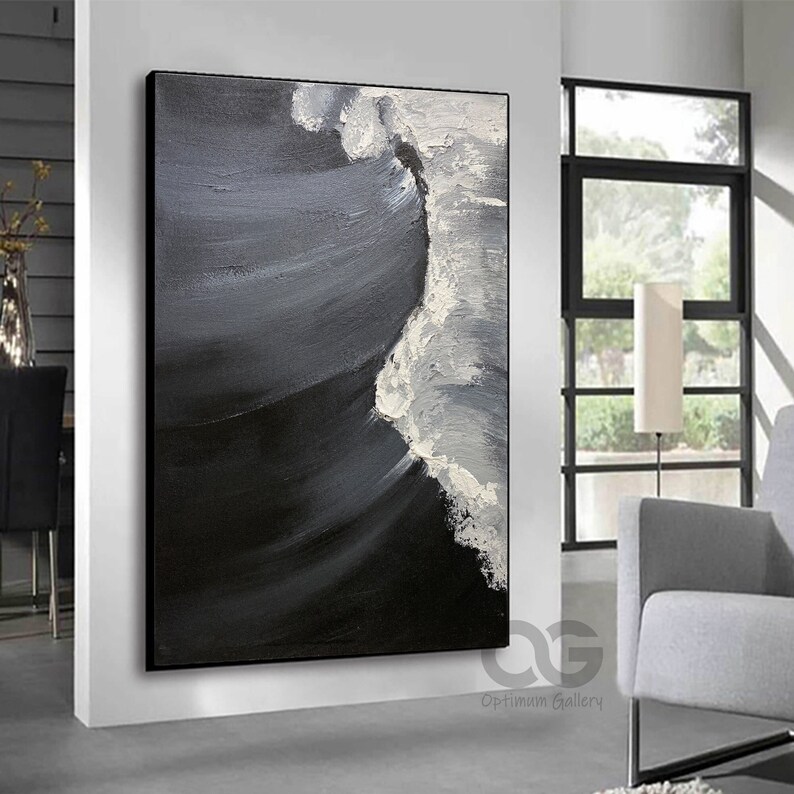Large Black and White Ocean Painting Black and White Wave Wall Etsy