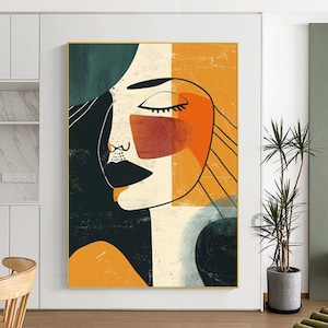 Retrato abstracto de mujer, pintura de gran tamaño, pintura colorida, obra de arte de mujer, arte de pared figurativo original, arte de pared de mujer enmarcado, decoración del hogar