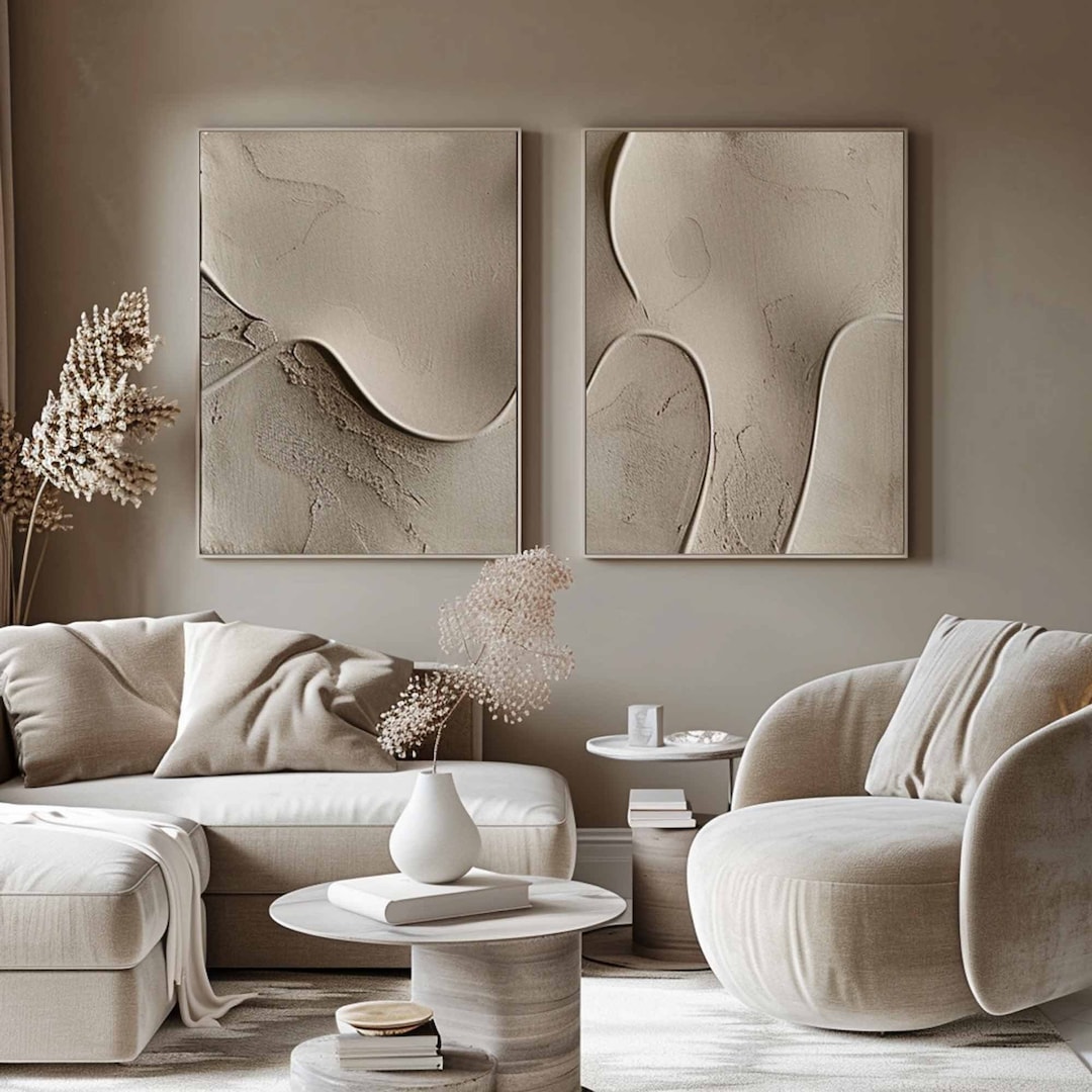 Set of 2 Beige Minimalist Painting Wabi Sabi Wall Art Large 3D Textured ...