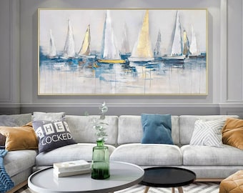 Large Sailboat Oil Painting, Nautical Harbor Scene Wall Art, Blue Seascape Art Home Decor
