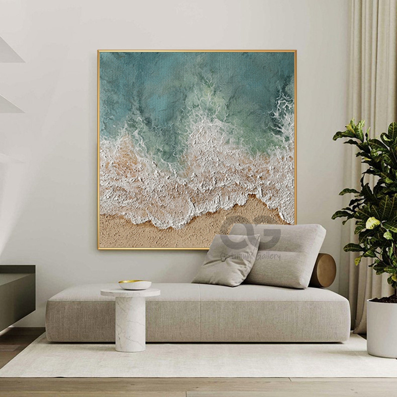 Image showcasing Large 3D Textured Coastal Wall Art Framed Green Beach Painting Abstract ...