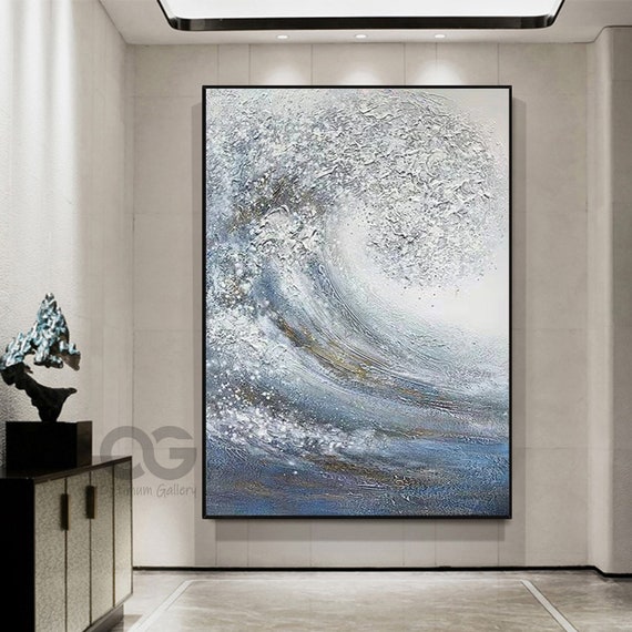 キャンバスに描かれた青い巨大な波の油絵 大きな抽象的な海の壁 キャンバスに描かれた青い巨大な波の油絵 大きな抽象的な海の壁