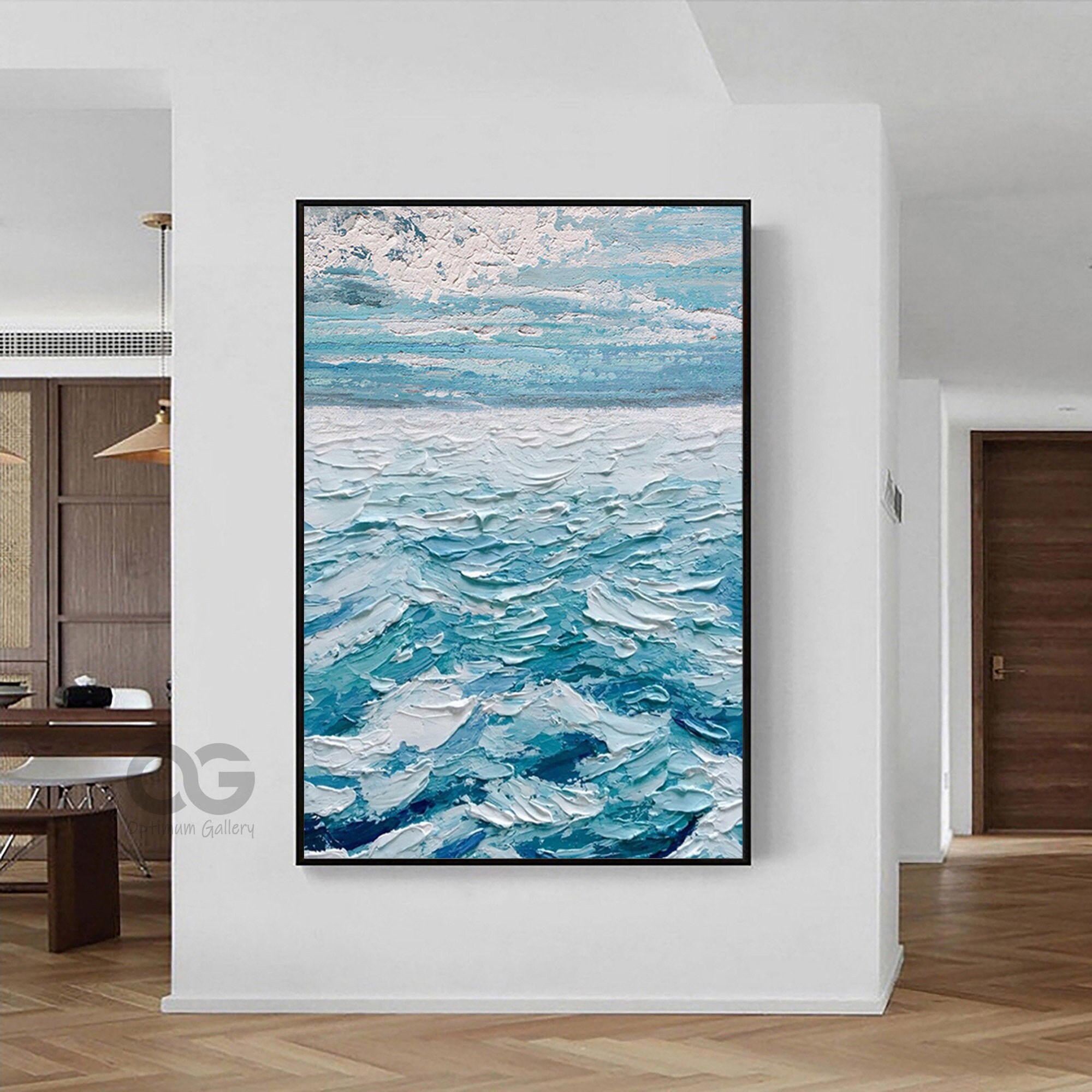 Framed Abstract Ocean Painting Large Ocean Wall Art Textured Etsy UK