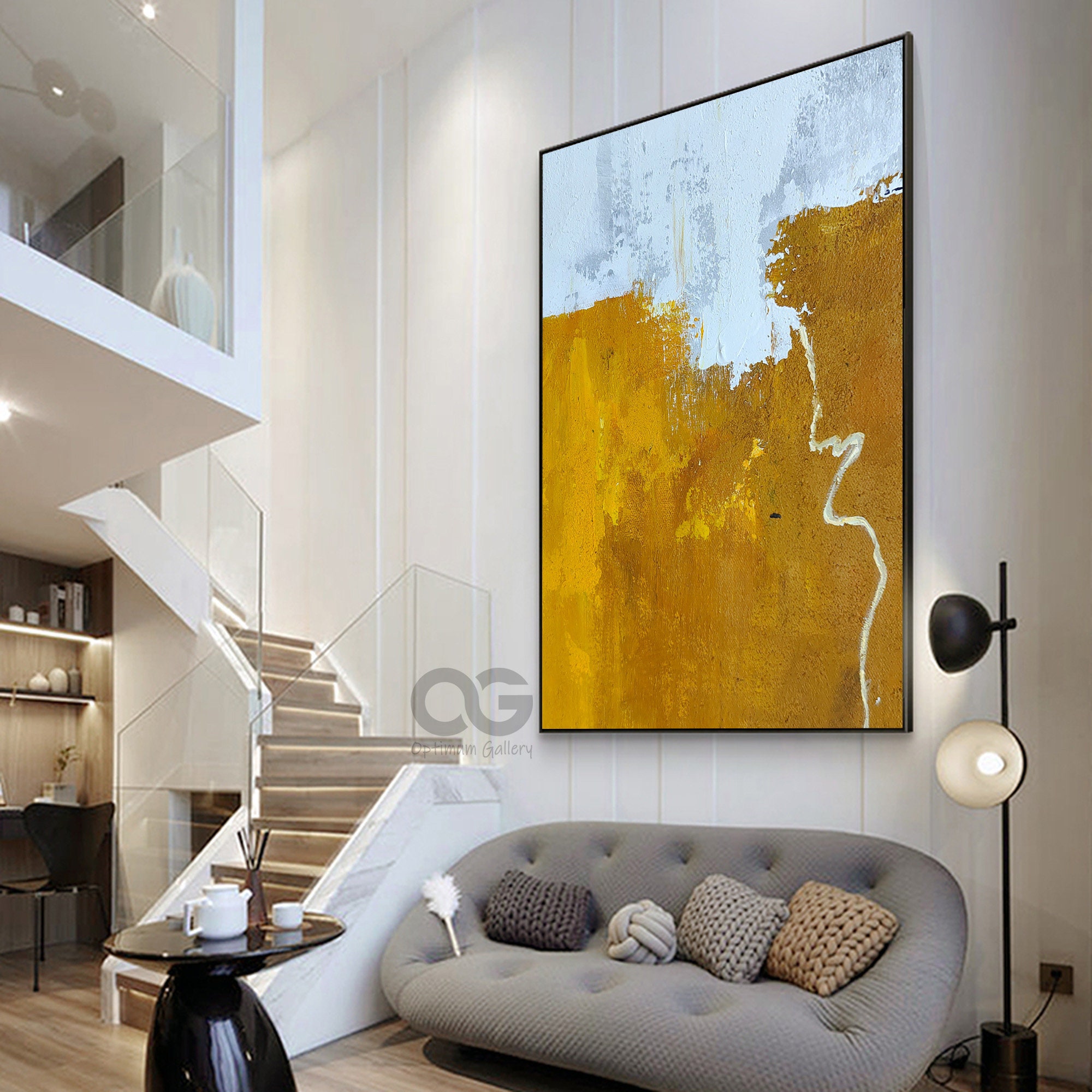 Large Minimalist Abstract Painting Yellow and White Canvas Art Etsy