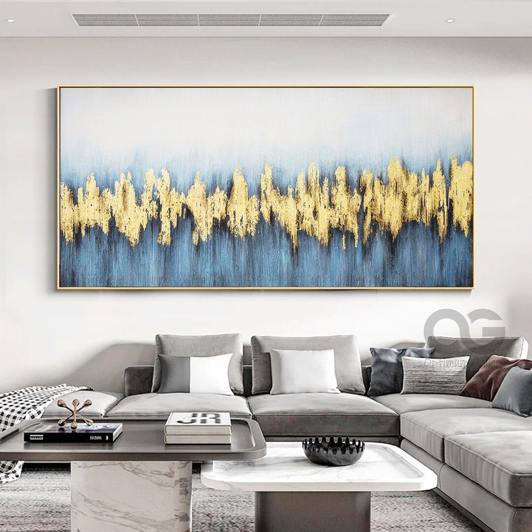 Large Navy Blue Abstract Painting Acrylic Blue and Gold Oversized Art ...