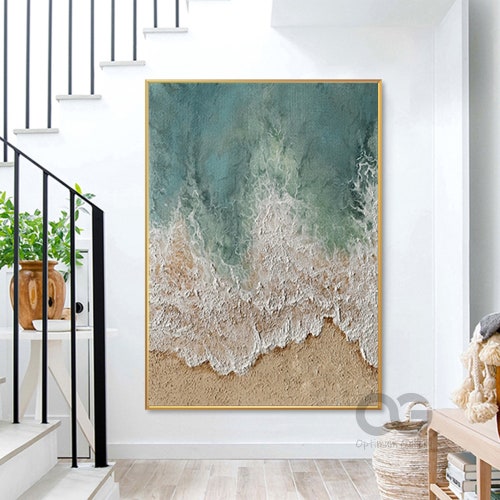 Framed Blue Ocean Wall Art Large Textured Whie Wave Painting Etsy