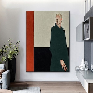 Retrato de rostro grande, pintura abstracta de dama, arte de pared con rostro de mujer, arte de pared verde original, lienzo figurativo, marco de arte, decoración del hogar para mujer