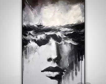 抽象的な女性の絵画、白黒の海のキャンバスアート - Etsy 日本