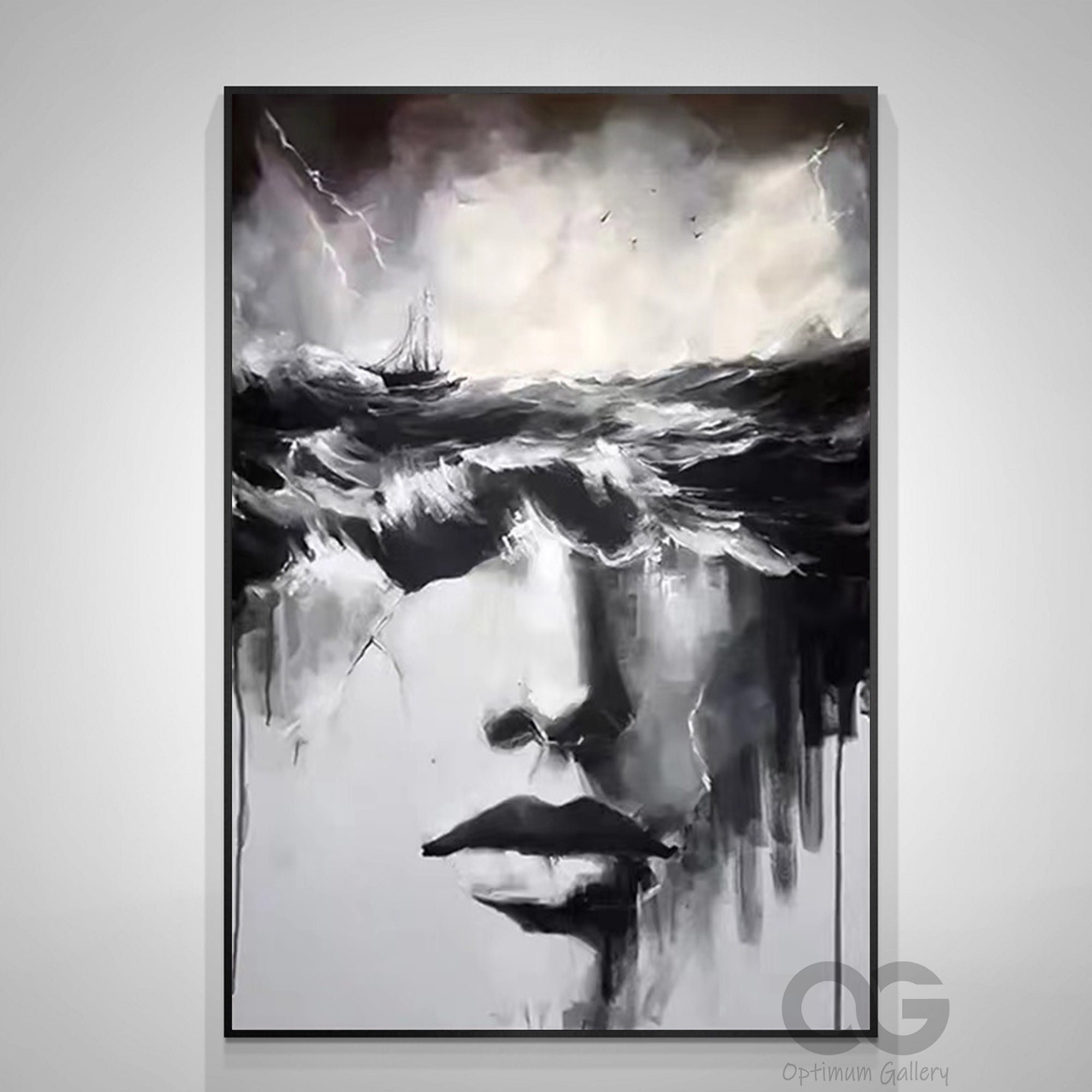 大きな抽象的な女性の絵画、白黒の海の絵画、女性の顔のアート