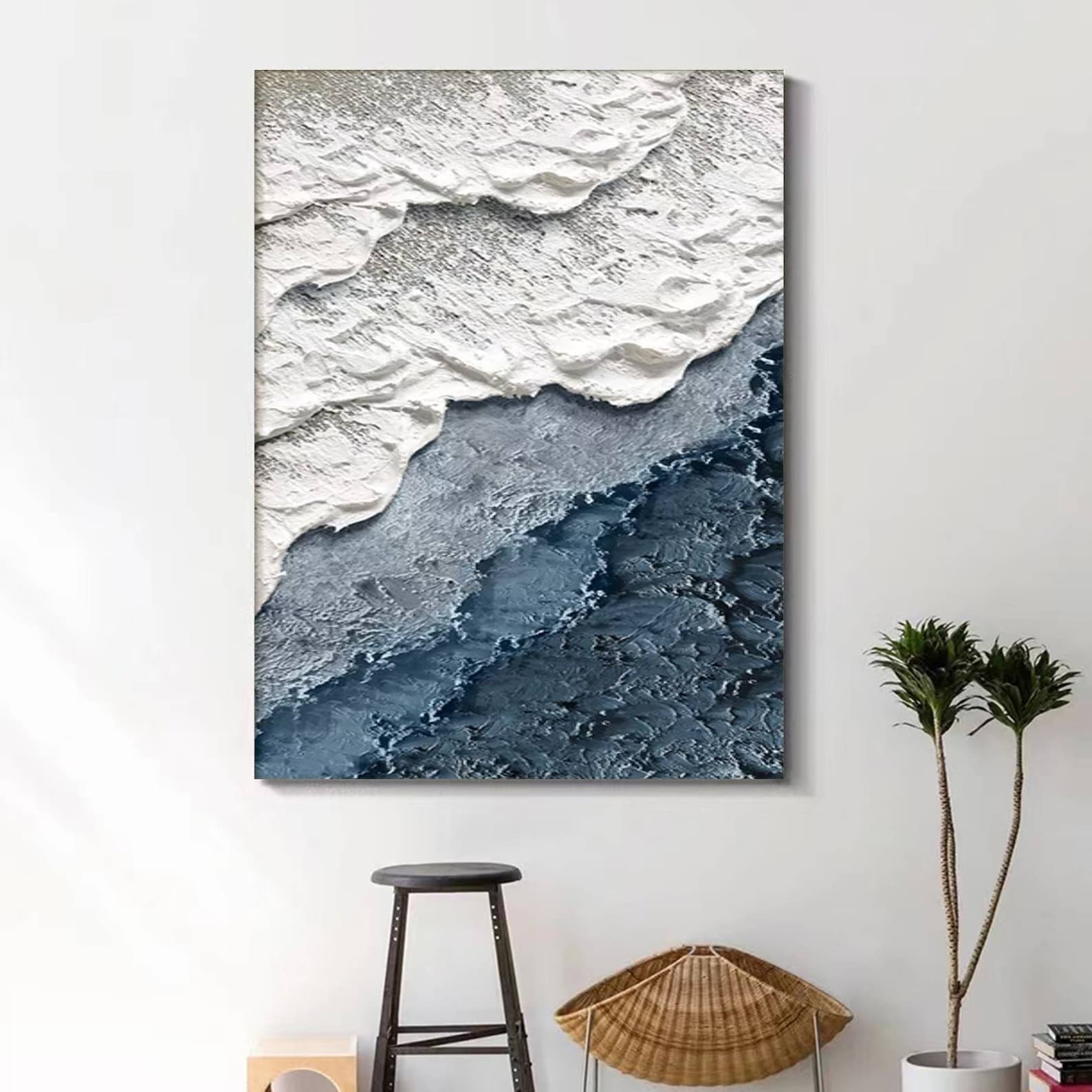 View of Large 3D Textured Coastal Wall Art Wave Painting Framed Blue Beach Wall ...