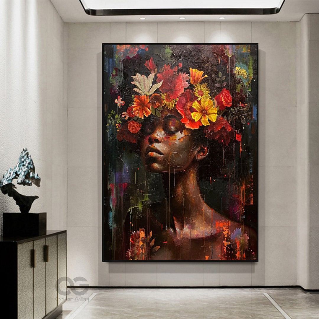 Black Woman Floral Painting African Portrait Black Wall Art Black Woman ...