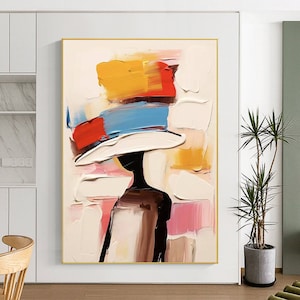 Pintura abstracta de dama, gran retrato sin rostro, pintura colorida, obra de arte de mujer, arte de pared figurativo original, arte de pared de mujer enmarcado, decoración del hogar