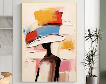 Abstract vrouwenschilderij, kleurrijk vrouwenportret, figuratieve ingelijste muurkunst