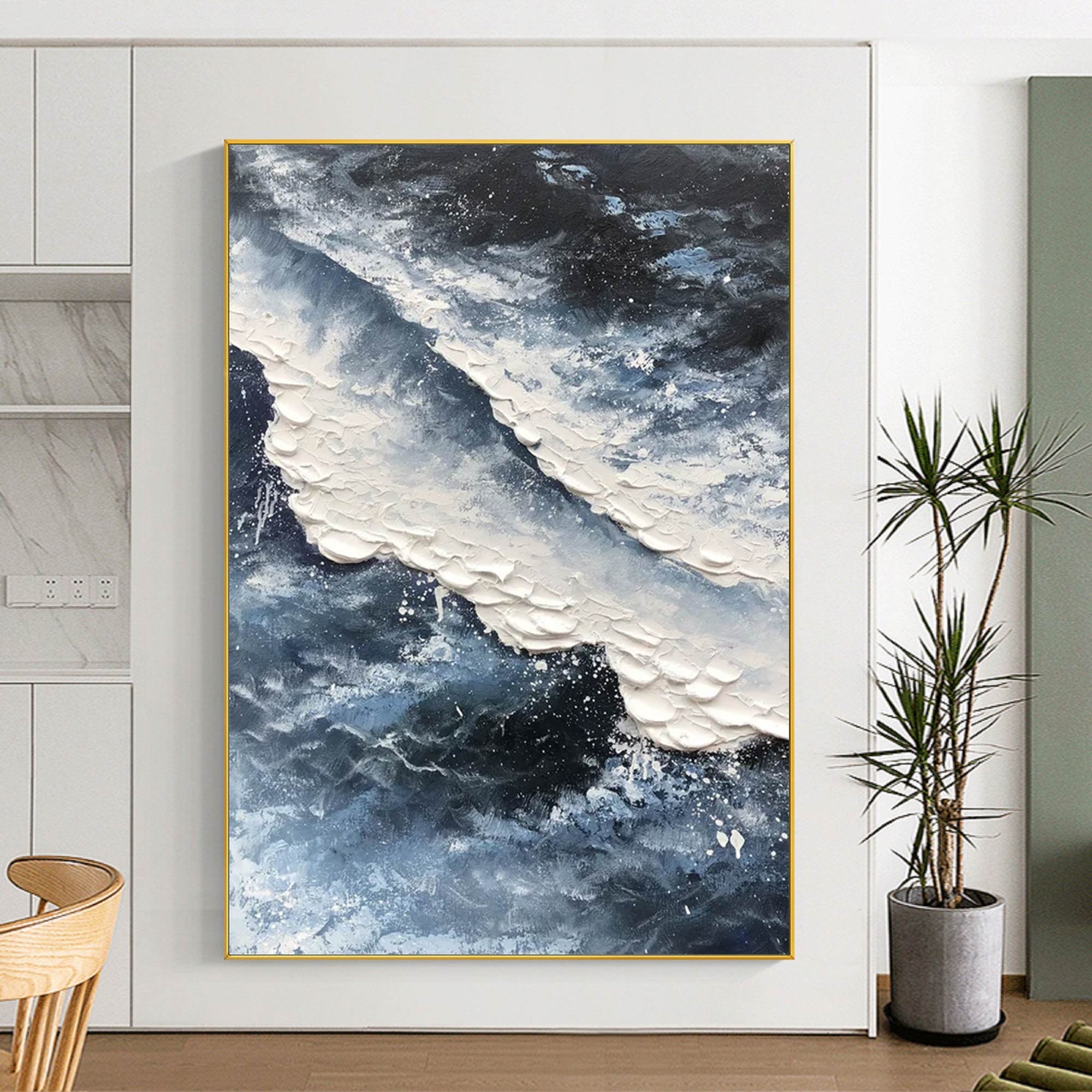 Large 3D Textured Ocean Wall Art Wave Acrylic Painting Framed Blue