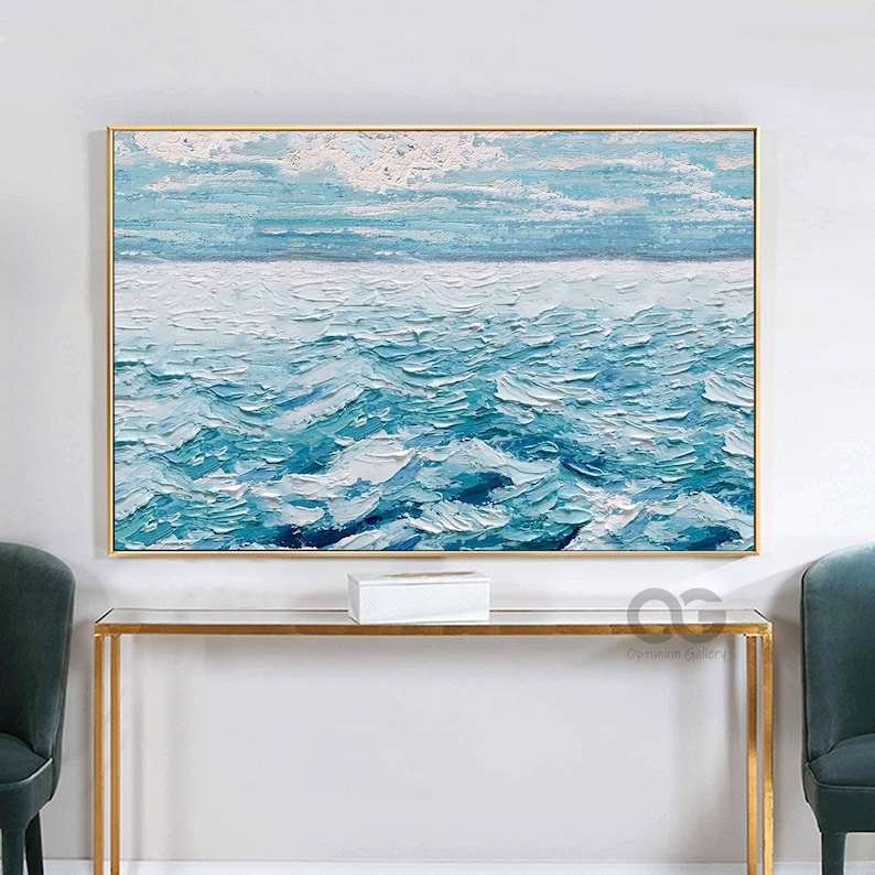 Textured Abstract Wave Canvas Painting Framed Large Ocean Art Abstract Ocean Waves Canvas Wall Art Big Blue Ocean Landscape Painting Acrylic