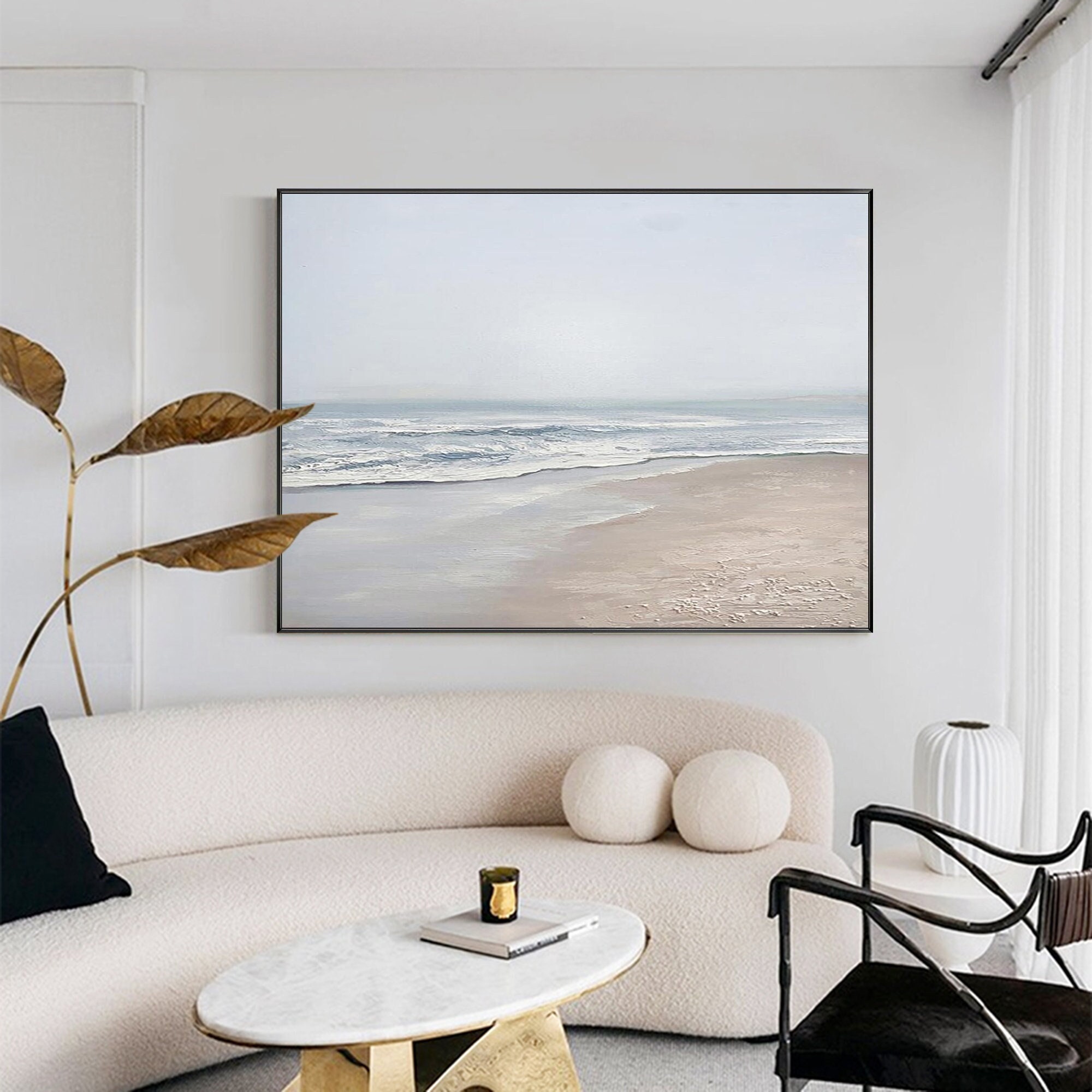 Original Green Coastal Painting： Large Abstract Beach Art Decor