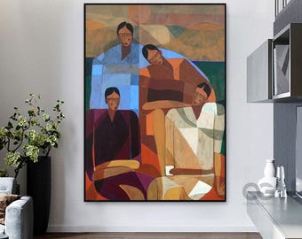 Large Abstract Women Portrait Painting, Retro Tone Textured Wall Art