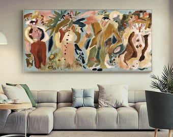 Original Abstract Figurative Painting: Expressionist People, Blue Earth Tones, Mid Century Modern Canvas