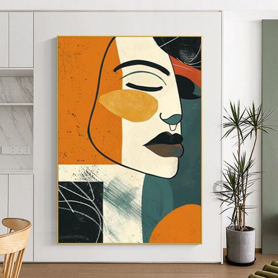 Abstract Lady Painting Woman Face Painting Large Orange and Blue