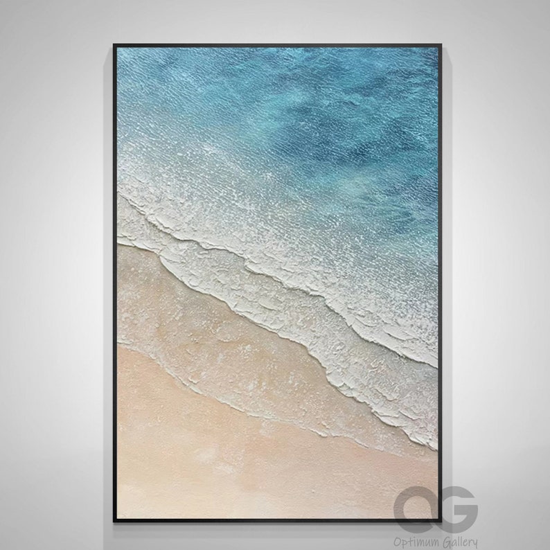 Framed Blue Ocean Wall Art Large Textured Whie Wave Painting Etsy