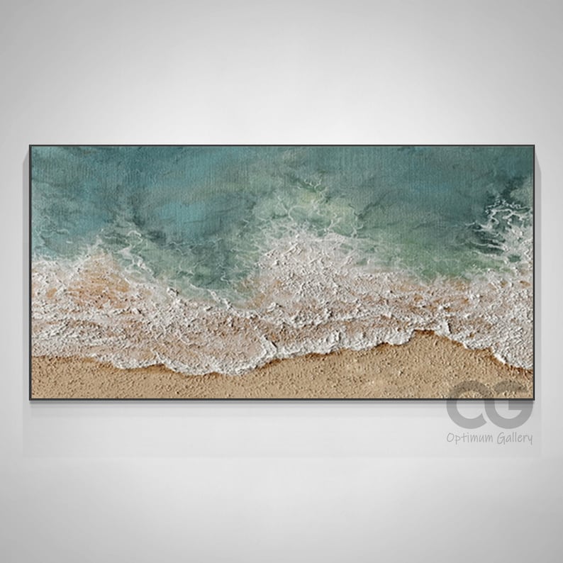 Große 3D-strukturierte Küsten-Wandkunst, gerahmt, grünes Strandgemälde, Meer-Acrylgemälde, abstrakte Ozean-Wandkunst, Strand-Leinwandgemälde, Wanddekoration Bild 7