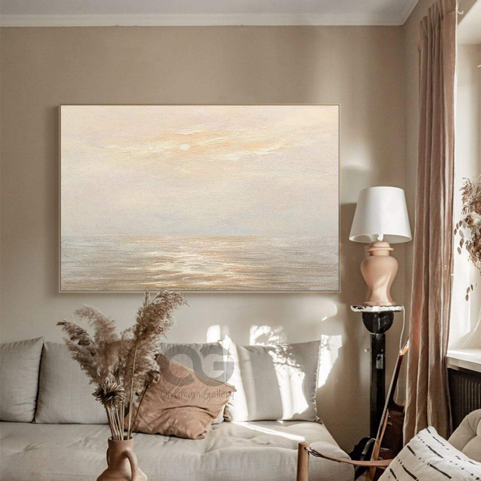 Large Ocean Sunset Painting ｜ Beige Abstract, Wall Decor (36x48, Coastal)