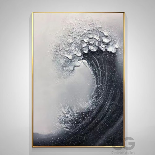 Large Textured Whie Wave Acrylic Painting Framed Black And White Ocean Canvas Painting Abstract shops Landscape Wall Art Ocean Wall Art Home Decor