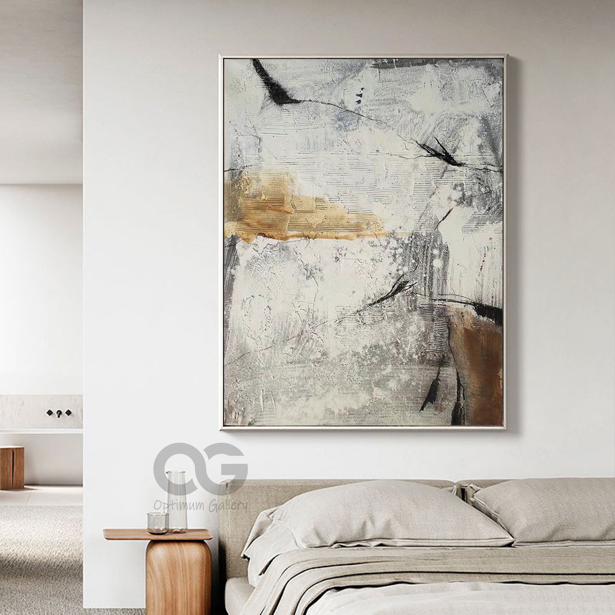 Framed Beige Minimalist Wall Art Large Abstract Grey Painting | Etsy