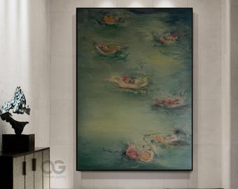 Large Water Lilies Painting on Canvas Modern Textured Floral Wall Art Original Garden Painting Green Wall Art Green Floral Art Wall Decor