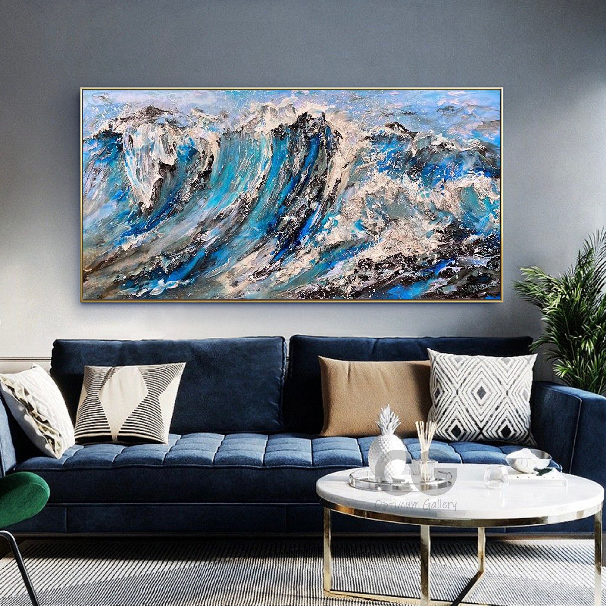 Textured Ocean Wave Wall Art Large Framed Blue Sea Painting Etsy