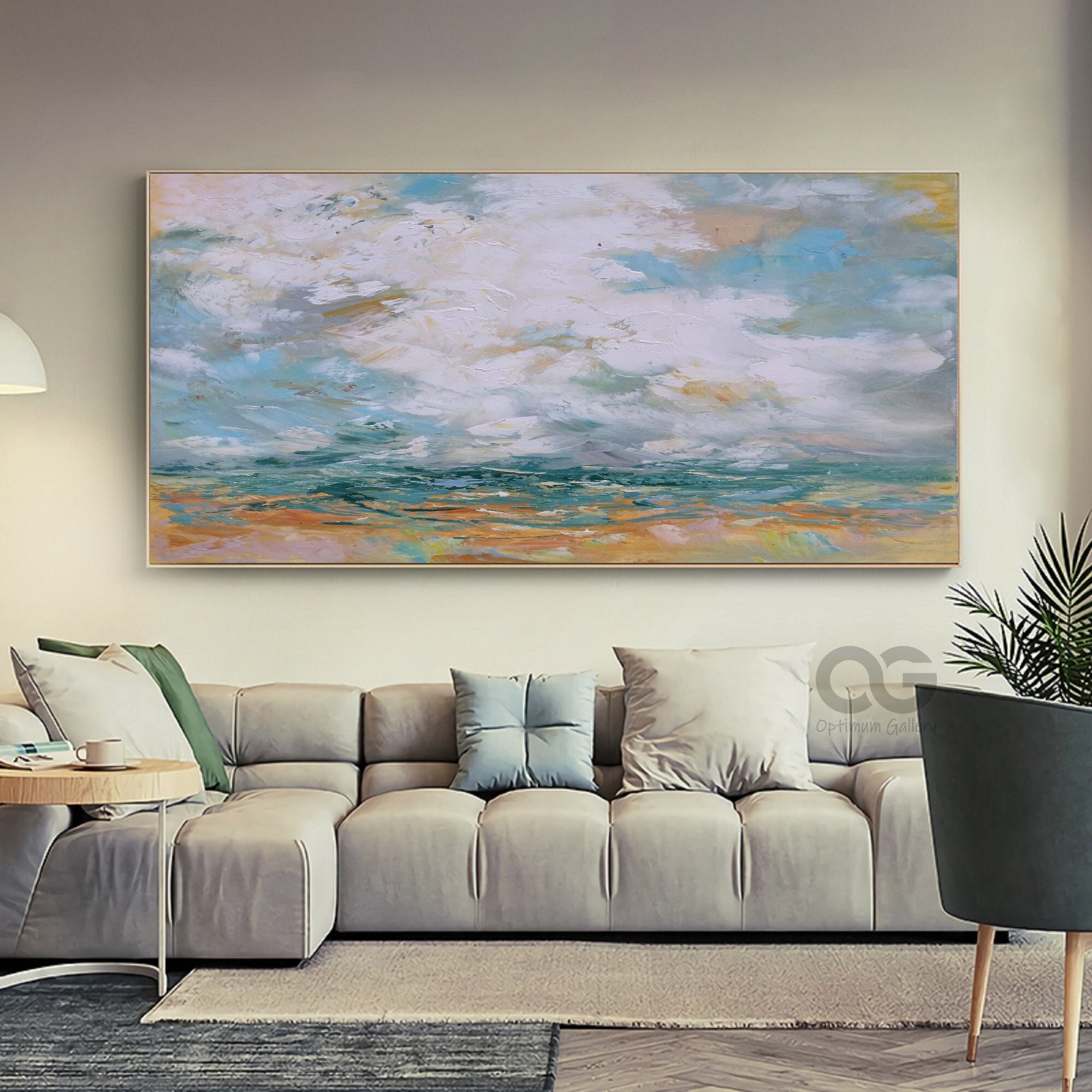 Large Abstract Beach Painting ｜ Green Wall Art, Sky & Cloud (30x40, Panoramic)