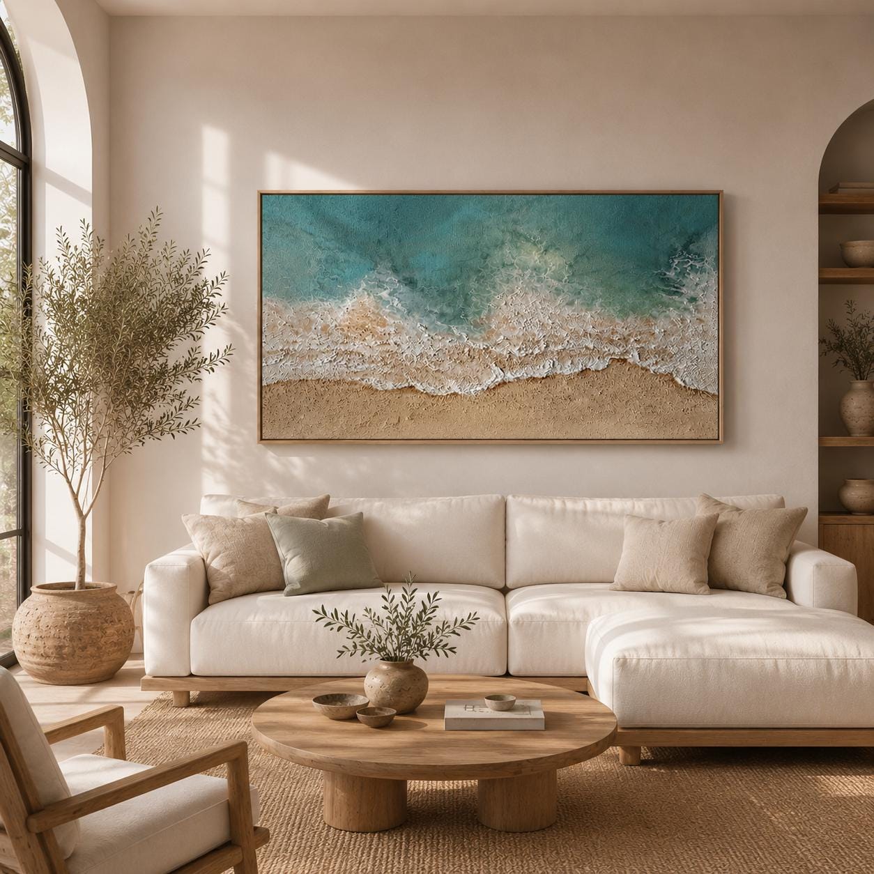 【波紋アート】Real Ocean／立体オブジェ／15cmプリズム×6cm Turquoise Ocean Wave Painting, Framed Beach Wall Decor, Textured