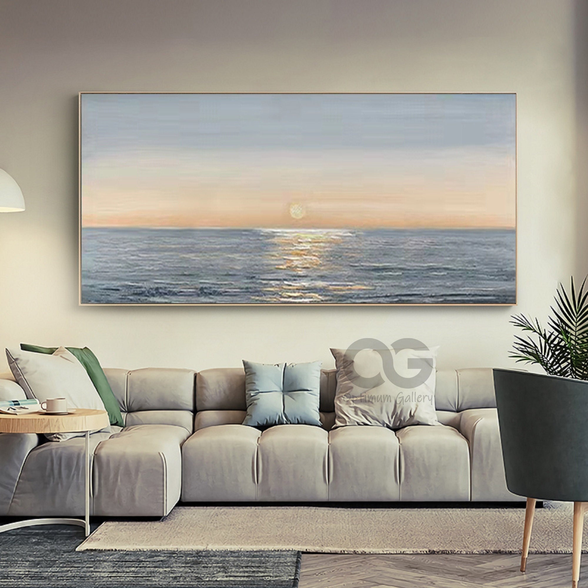 Framed Ocean Sunset Painting ｜ Abstract, Gray Texture (60x72, Oversized)