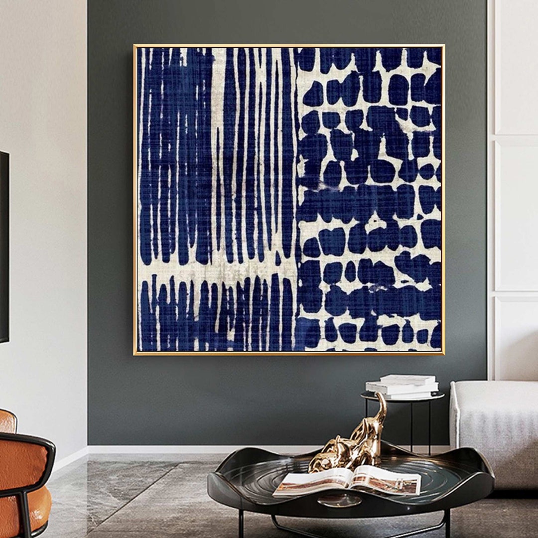 Large Navy Blue Abstract Painting, Beige Textured Canvas Wall Art - Etsy