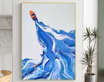 Pintura de barco original extra grande, uma pintura abstrata, canoa na praia, barco a remo, arte de parede, tela de praia, decoração para casa, arte de ondas do oceano, ideia de presente