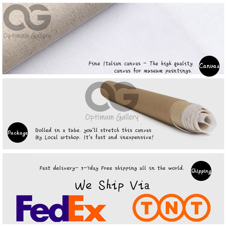 May include: A close-up of a rolled canvas painting, with the text "Optimum Gallery" and "Rolled in a tube. You'll stretch this canvas By Local artshop. It's fast and inexpensive!" printed on the brown paper wrapping. The text "Canvas" is printed on a white background in the top right corner of the image.