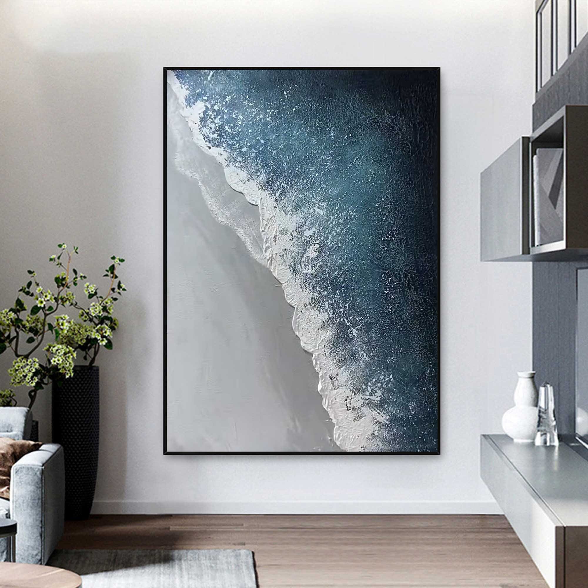 Large Abstract Beach Painting on Canvas： Blue and White Decor