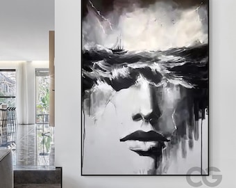 抽象的な女性の絵画、白黒の海のキャンバスアート - Etsy 日本