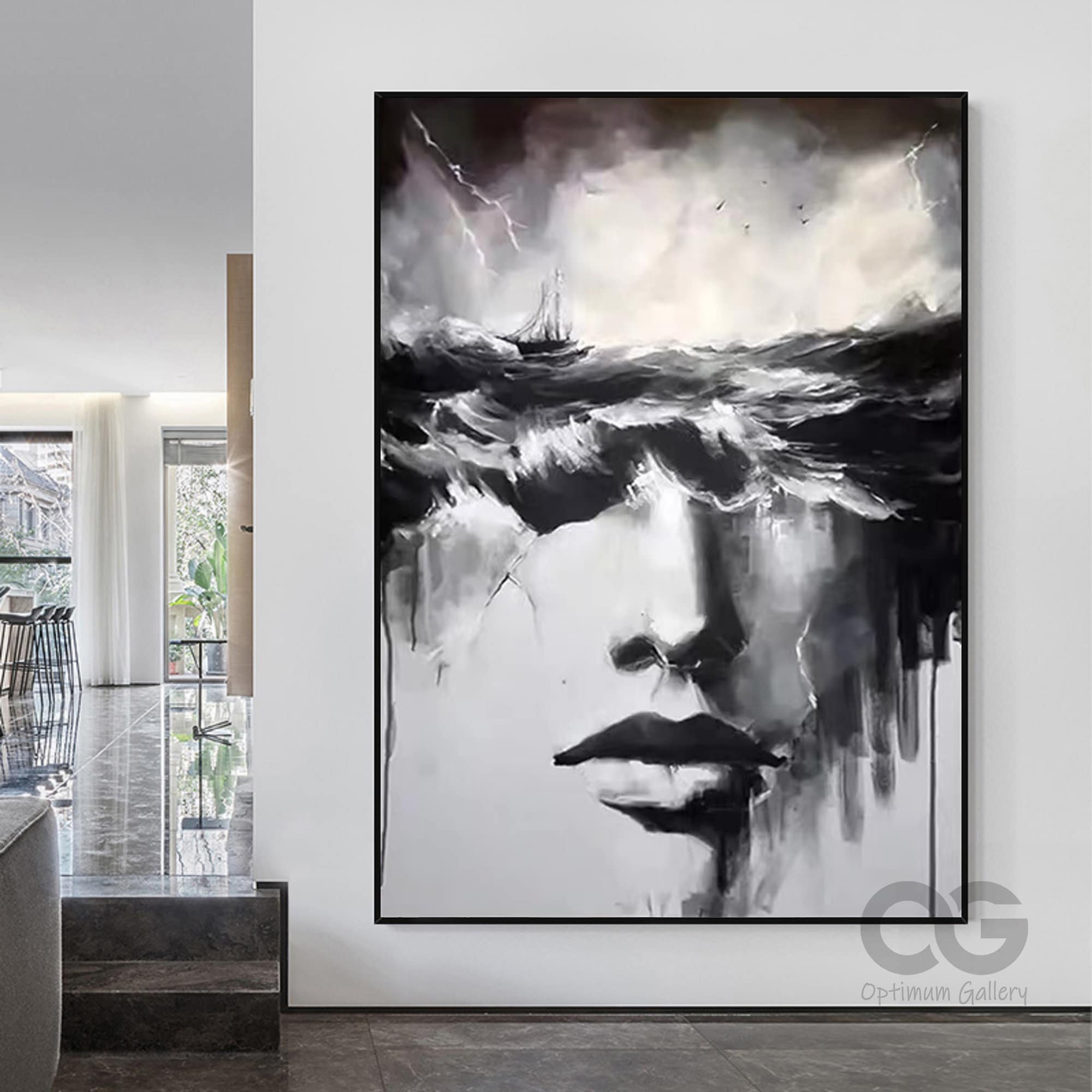 大きな抽象的な女性の絵画、白黒の海の絵画、女性の顔のアートワーク