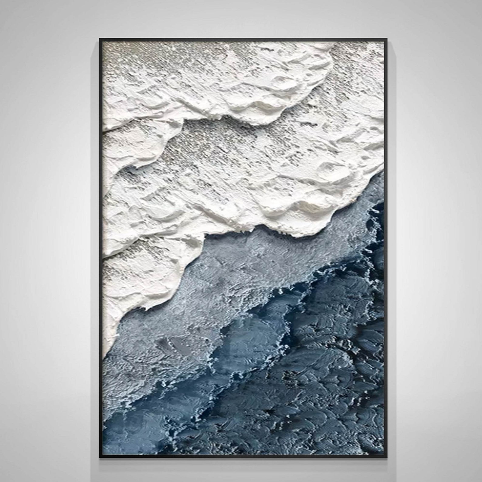 Large 3D Textured Coastal Wall Art Wave Painting Framed Blue Beach Wall ...