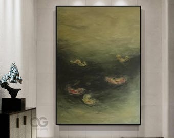 Large Green Water Lily Painting Impressionist Pond Landscape Texture Painting  Dark Green Water lily Wall Art Green Floral Art Wall Decor