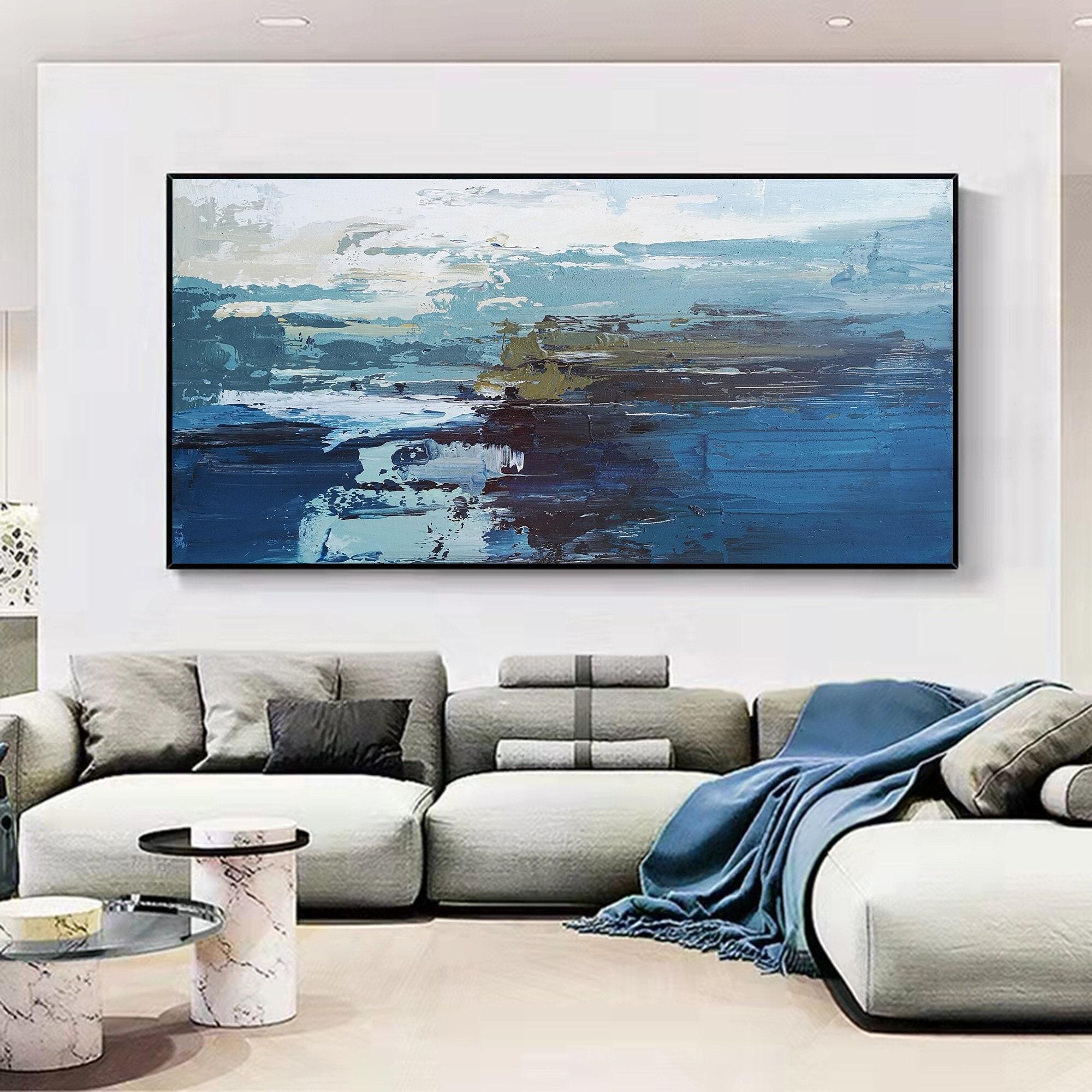Framed Blue Ocean Wall Art： Large Textured Coastal Landscape Piece