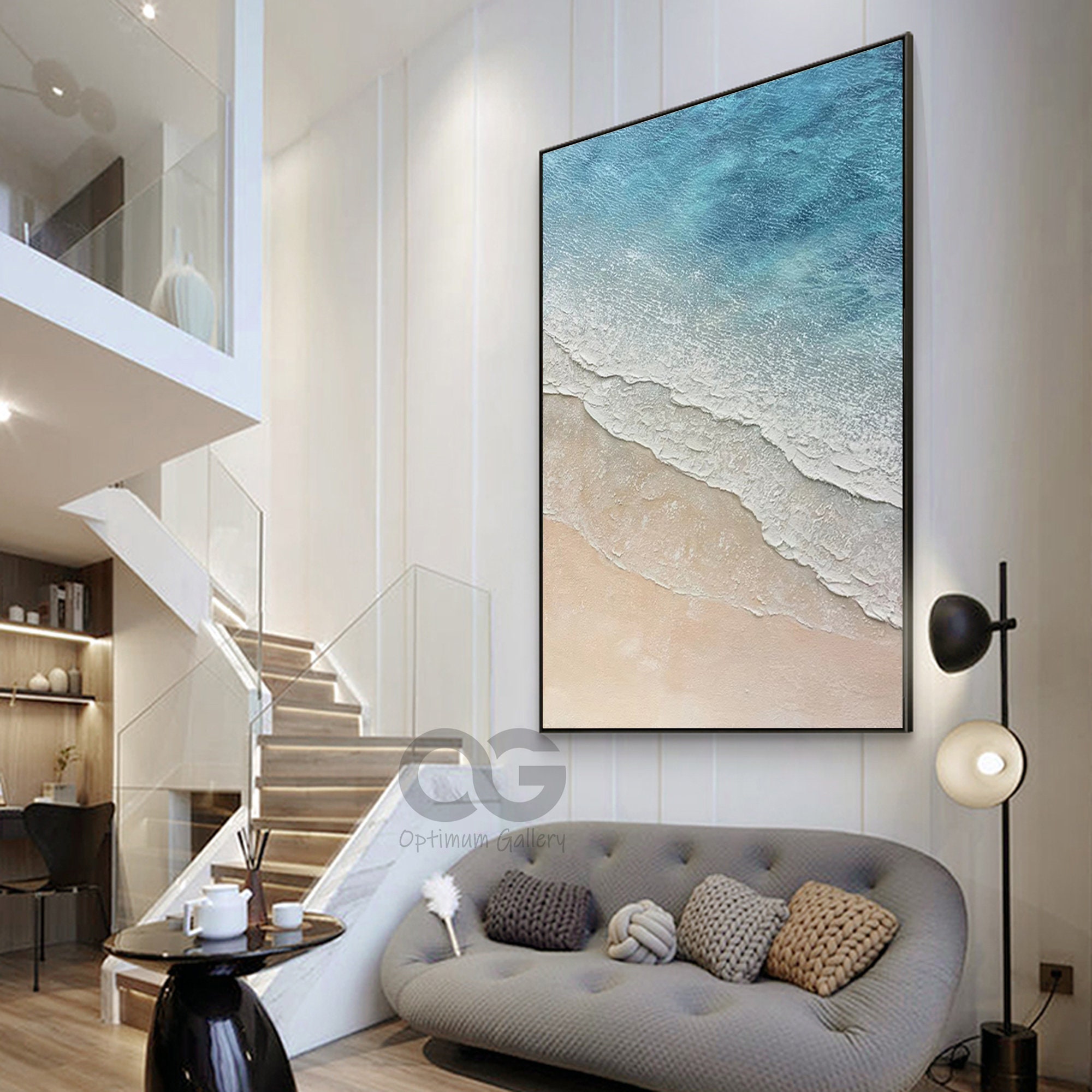 Framed Blue Ocean Wall Art Large Textured Whie Wave Painting Etsy UK