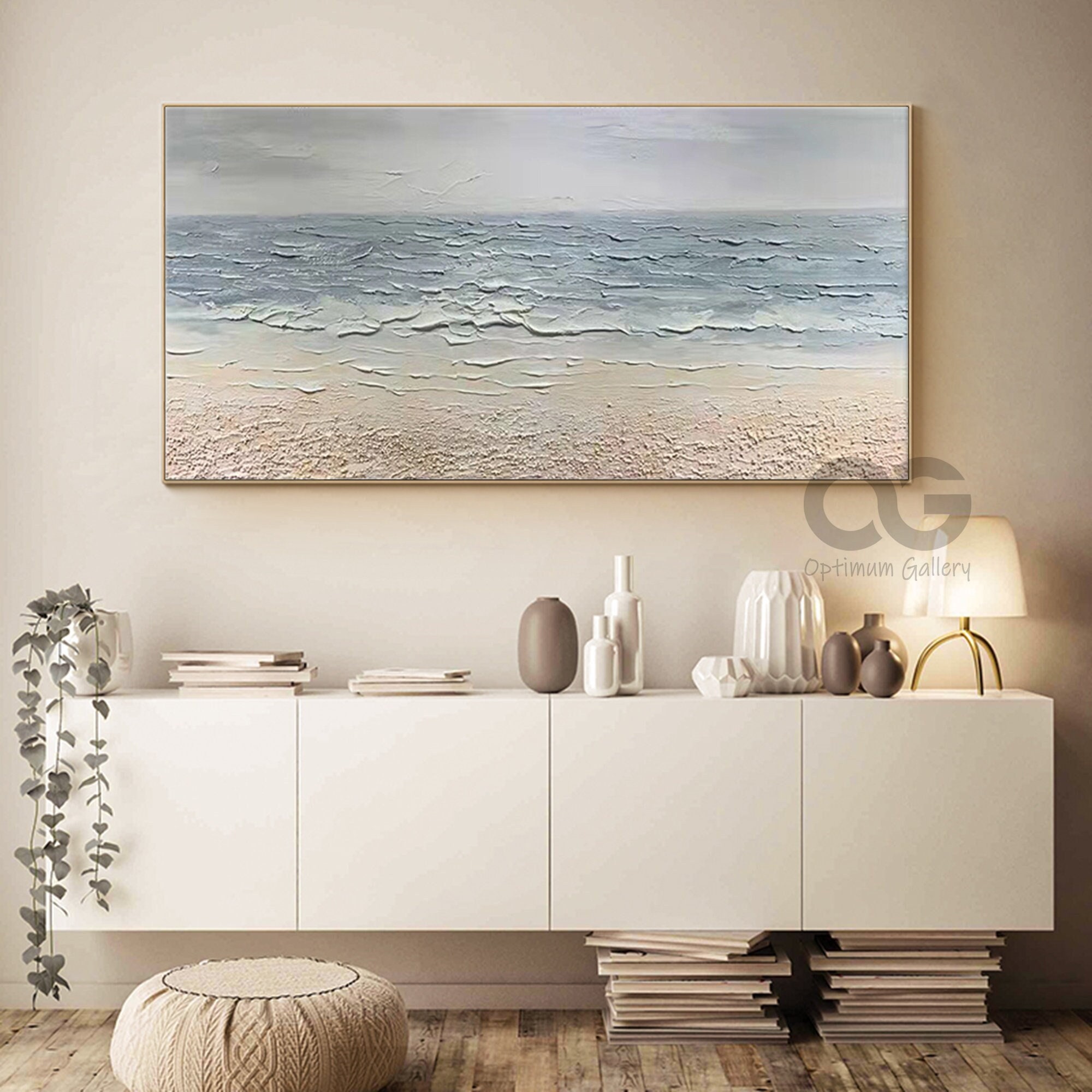 Oversized Ocean Sunset Canvas Painting： Bright Coastal Wall Art