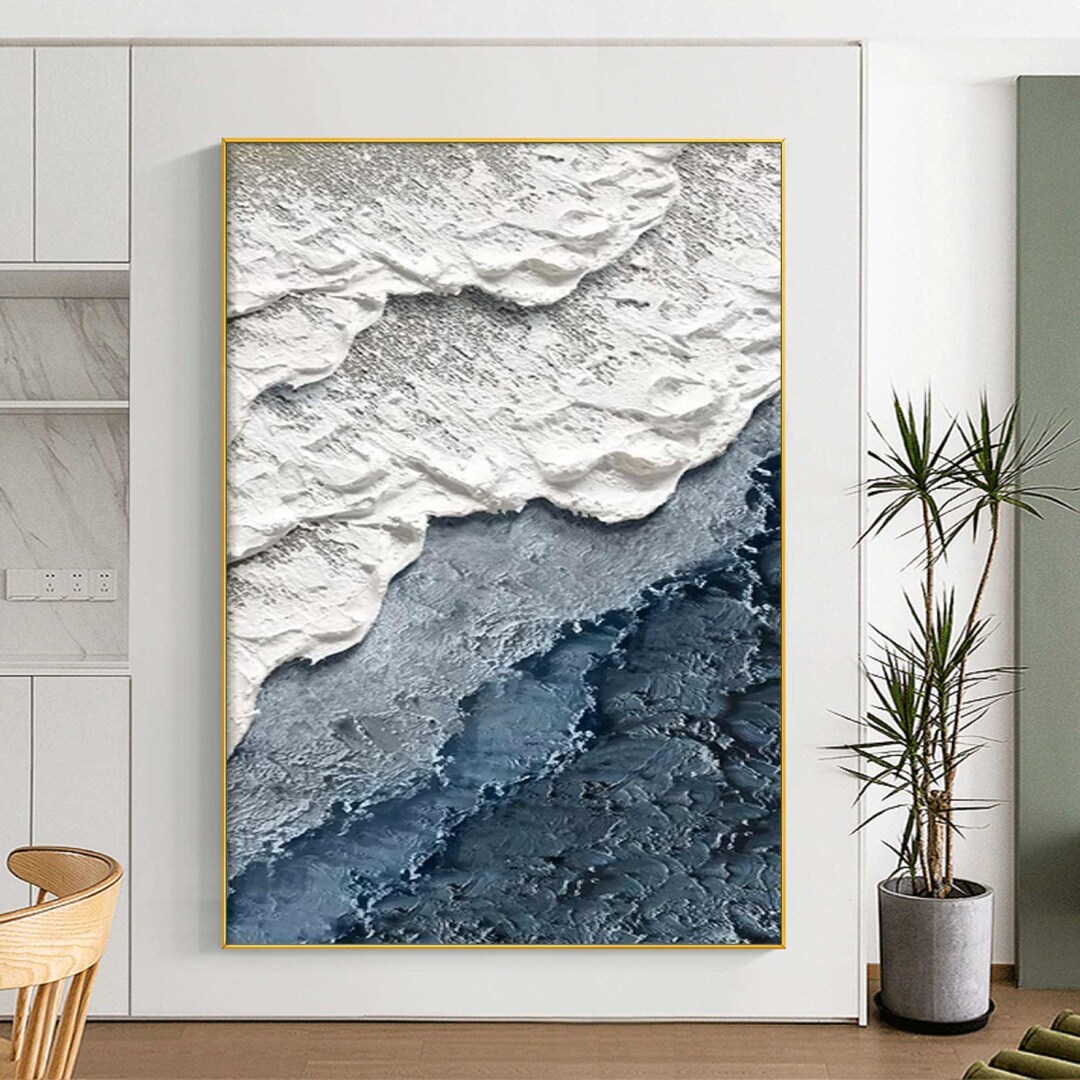 Large 3D Textured Coastal Wall Art Wave Painting Framed Blue Beach Wall