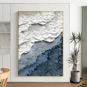 Gran arte de pared costero texturizado en 3D, pintura de olas enmarcada, arte de pared de playa azul, arte abstracto de pared de mar, pintura de lienzo de océano, decoración de habitación de moda