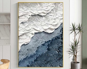Large 3D Textured Coastal Wall Art Wave Painting Framed Blue Beach Wall Art Abstract Sea Wall Art Ocean Canvas Painting Fashion Room Decor