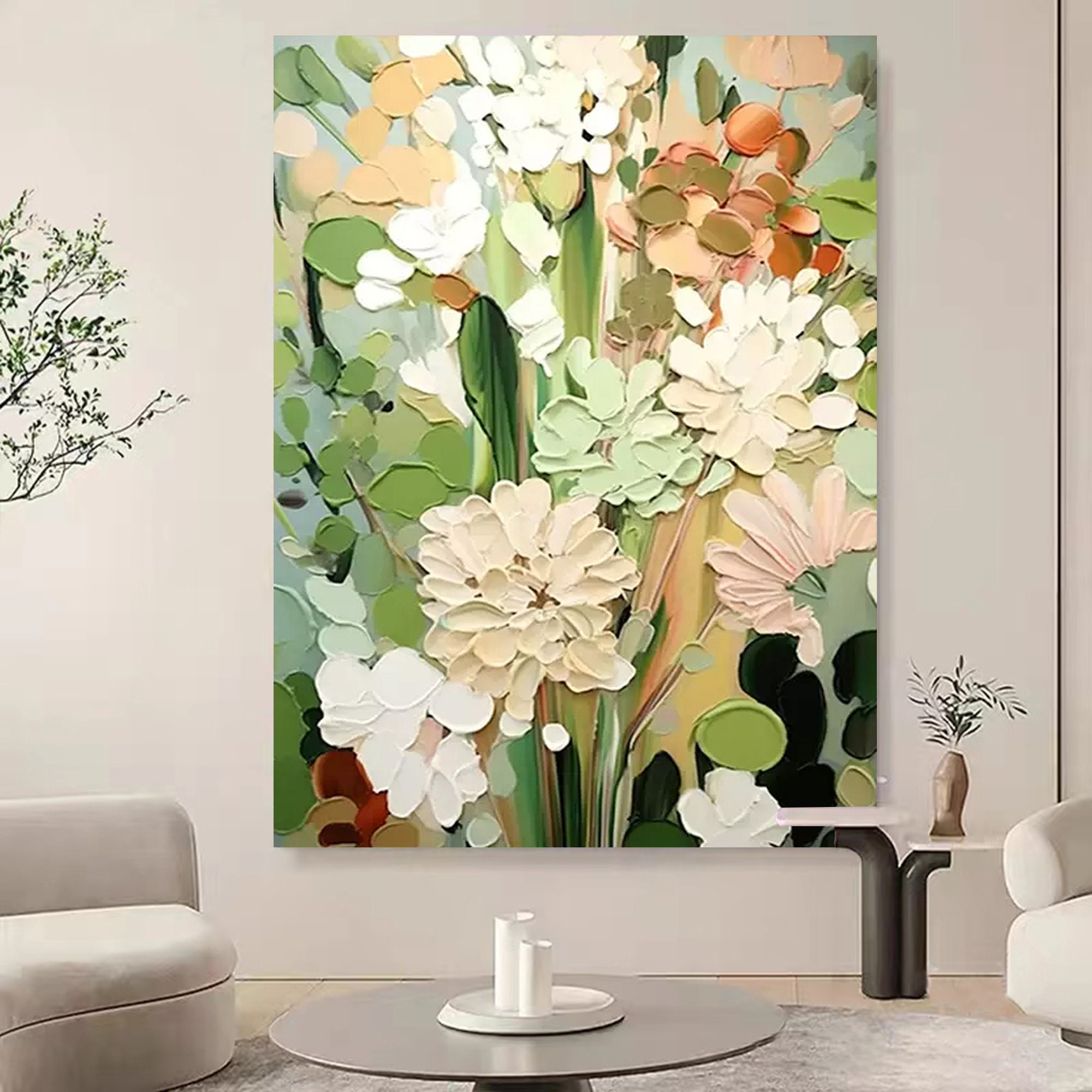 Textured Floral Painting on Canvas, Neutral Tone 3D Wall Art - Etsy