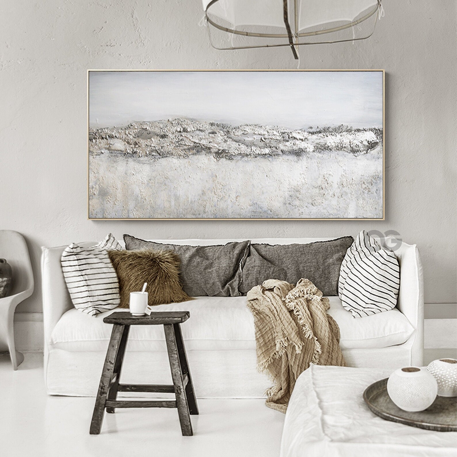 White And Silver Canvas Painting Framed Textured Abstract Etsy