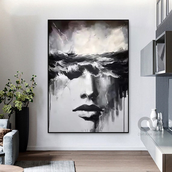thumbnail image 2 of Large Abstract Canvas Wall Art - Hand Painted White & Black Modern Painting, 29x59 Inch Framed 2 of 14